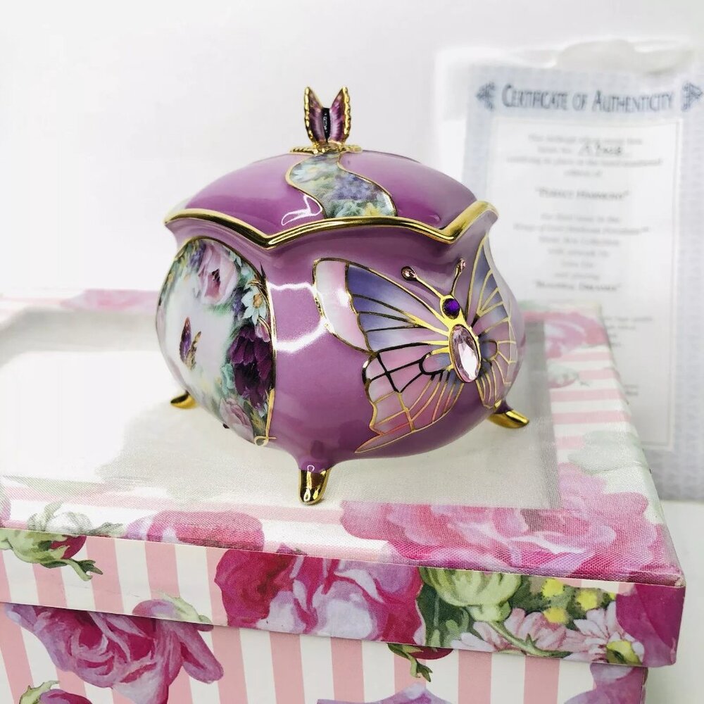 VTG 2002 Ardleigh Elliot Gold Purple Rose Butterfly Music Trinket Box Porcelain